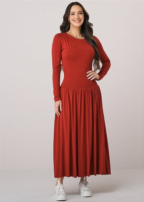 Vestido Josy Manga Longa com Franzidos Marsala Tatá Martello
