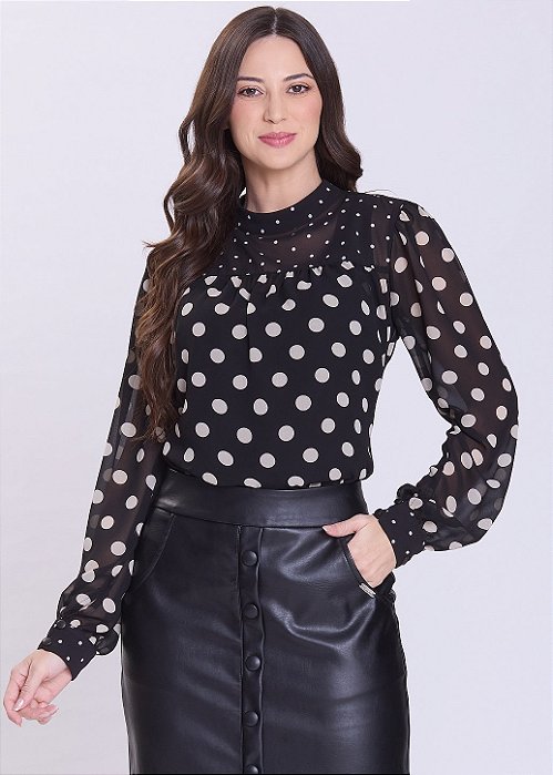 Blusa Felícia Poá Manga Longa Preta Hapuk