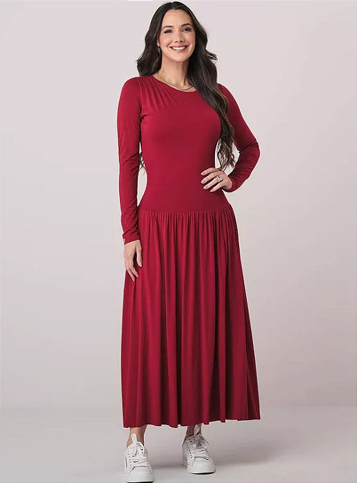 Vestido Josy Manga Longa com Franzidos Marsala Tatá Martello