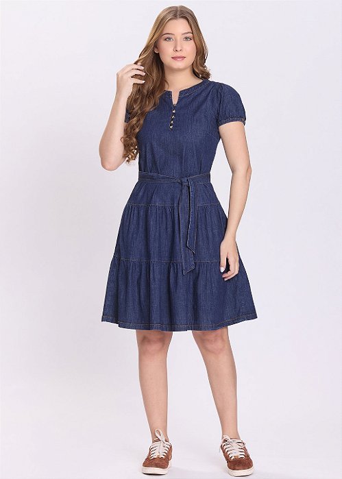 Vestido Flora Evasê Jeans Escuro Hapuk