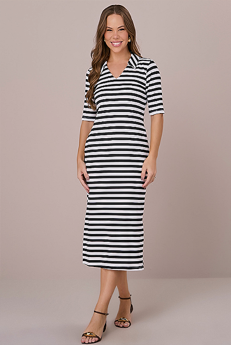 Vestido Nanda Midi Listrado Preto Tatá Martello