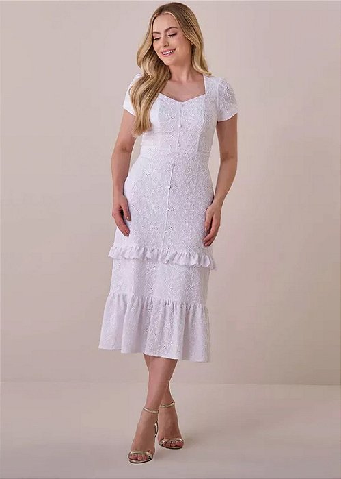 Vestido Helenice Midi com Babados Branco Tatá Martello
