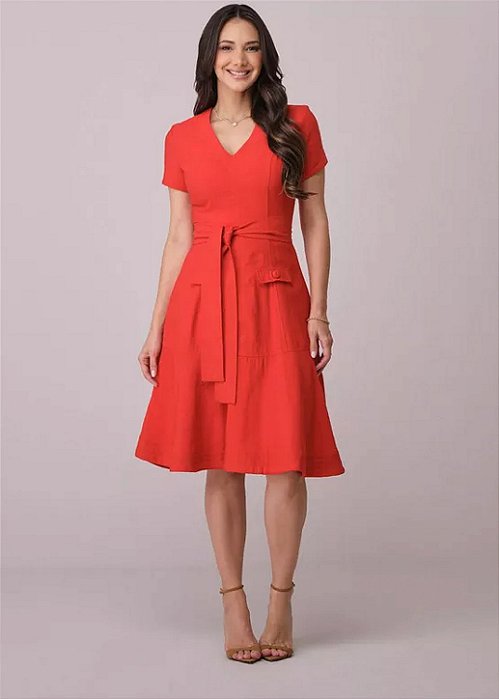 Vestido Eloise com Pespontos Vermelho Tatá Martello