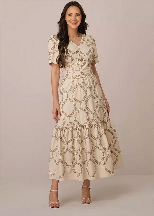Vestido Fabiana Midi Evasê Bege Tatá Martello