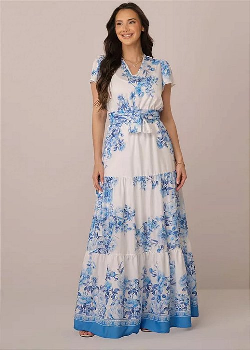 Vestido Tainara Longo Estampado Azul Tatá Martello