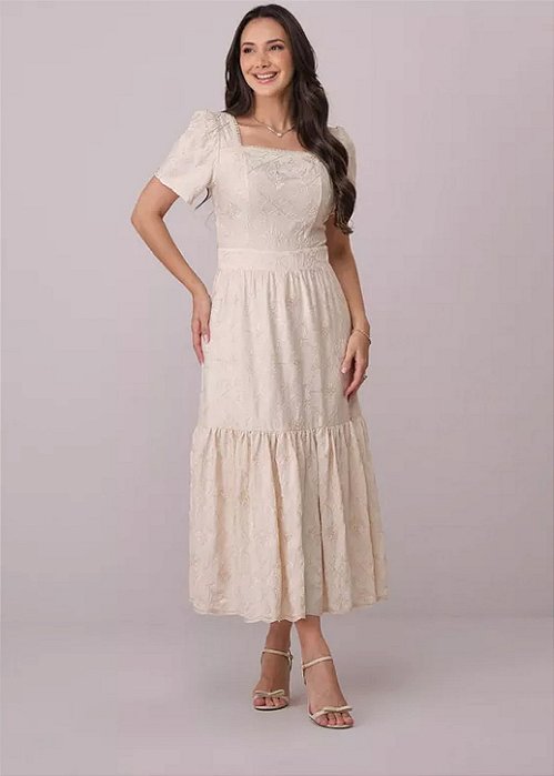 Vestido Midi Feminino Anelise Evasê Manga Curta Palha Tatá Martello
