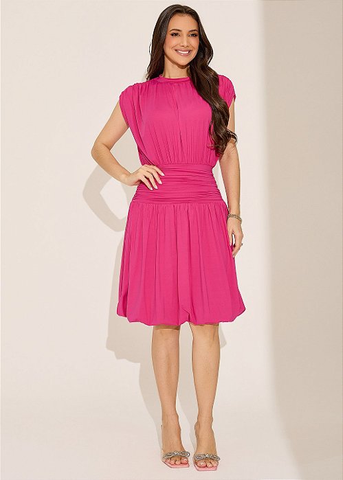 Vestido Manga Curta Renata com Franzidos Pink Tatá Martello