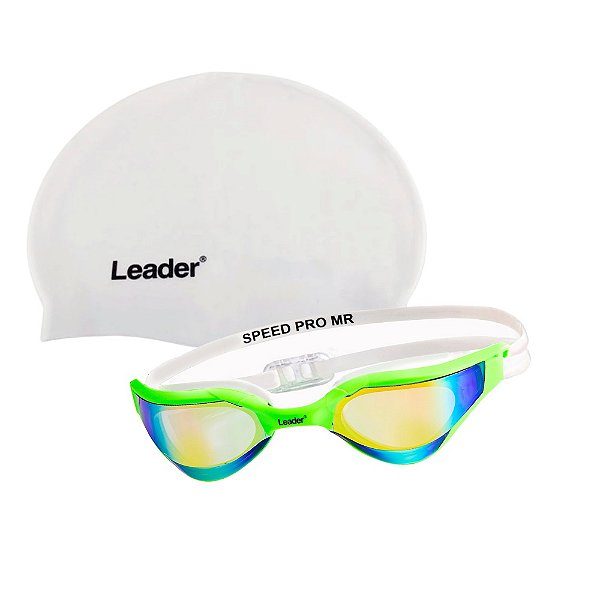 Kit Natação Leader Óculos Speed Pró Verde+touca Lisa branca