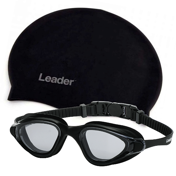 Kit Oculos de Natação Leader Open  Preto + Touca Silicone