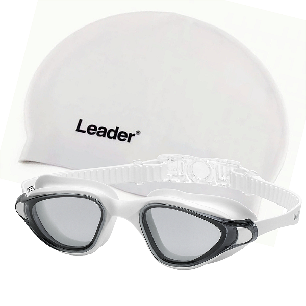 Kit Oculos de Natação Leader Open Branco + Touca Silicone