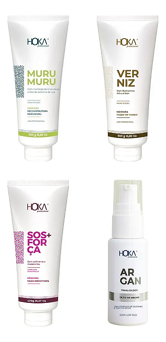 Cronograma Capilar: 1 Máscara Murumuru 470g + 1 Máscara Verniz 470g + 1 Máscara Sos 470g + 1 Óleo Argan 30ml Hoka