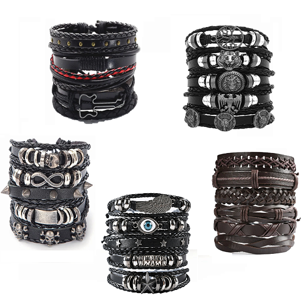 Pulseira de Couro Ajustável Pop Rock Motociclista