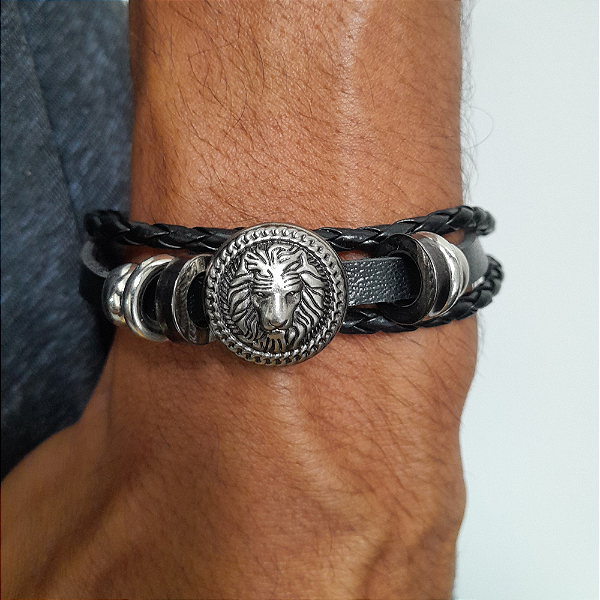 Pulseira Bracelete Leão de Judá Couro Ajustável Unissex