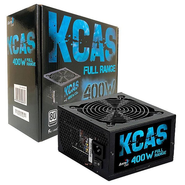 Fonte Aerocool KCAS-400W, 400W, ATX, 80 Plus White, Full Range, PFC Ativo, Bivolt Automática, Preta