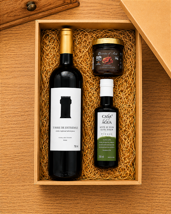Box Caixa com Vinho Torre de Estremoz 2022 + Azeite e Cebola Caramelizada Artesanal