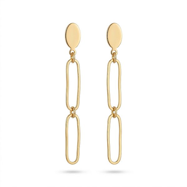 Brinco Oval com Corrente Dupla Folheado a Ouro 18K
