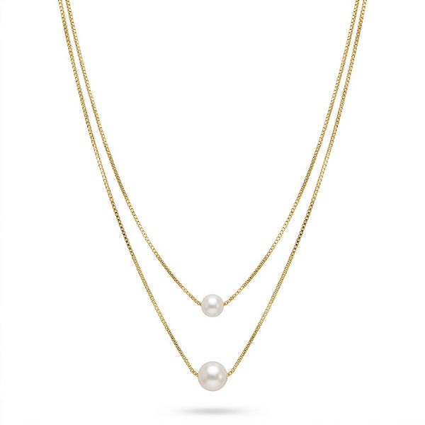 Colar Duplo com Duas Pérolas - Folheado a Ouro 18K