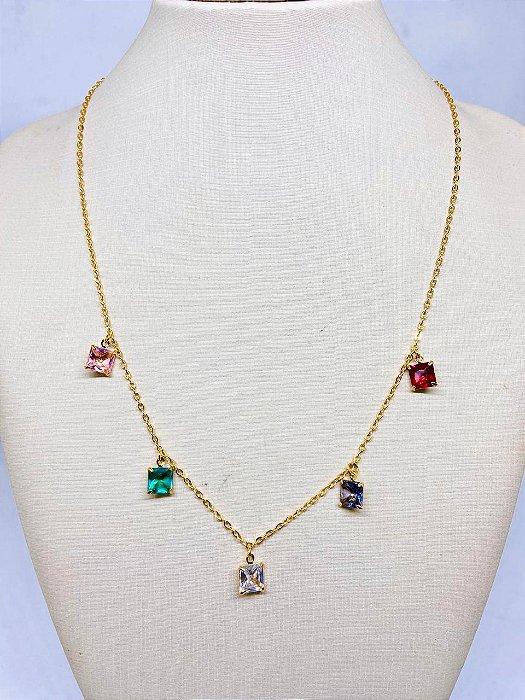 Colar Corrente Cadeado - Folheado à ouro 18 k - Pingente zircônias Coloridas