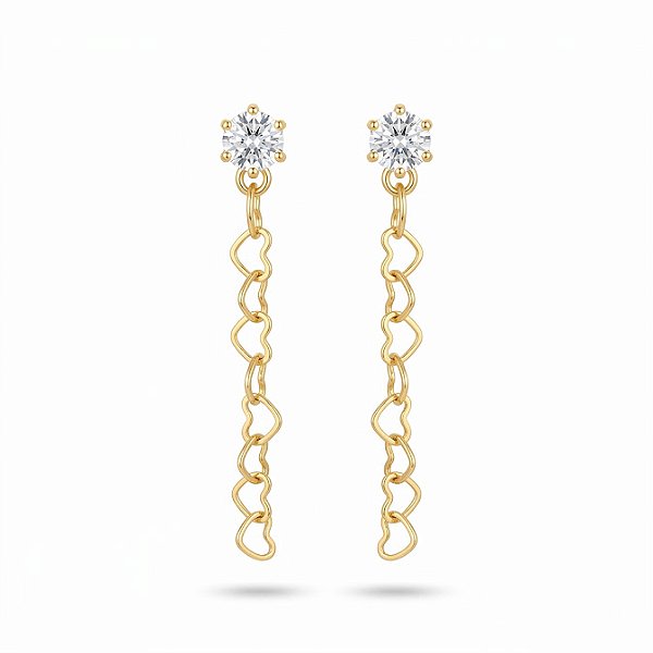Brinco Ponto de Luz com Corrente Coração - Folheado à ouro 18 k
