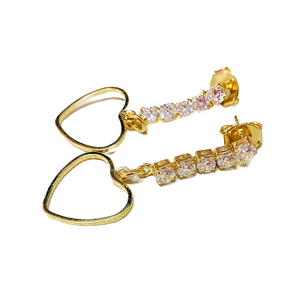Brinco Corrente Zircônia Cristal Pingente Coração - Folheado à Ouro 18 k