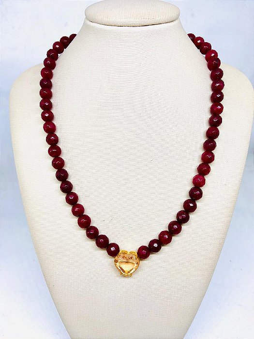 Colar Pedra Natural Jade Rubi e Pingente Zirconia Coração