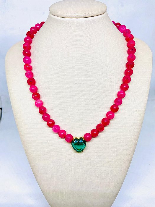 Colar Pedra Natural Jade Pink Pingente Coração Zirconia Esmeralda
