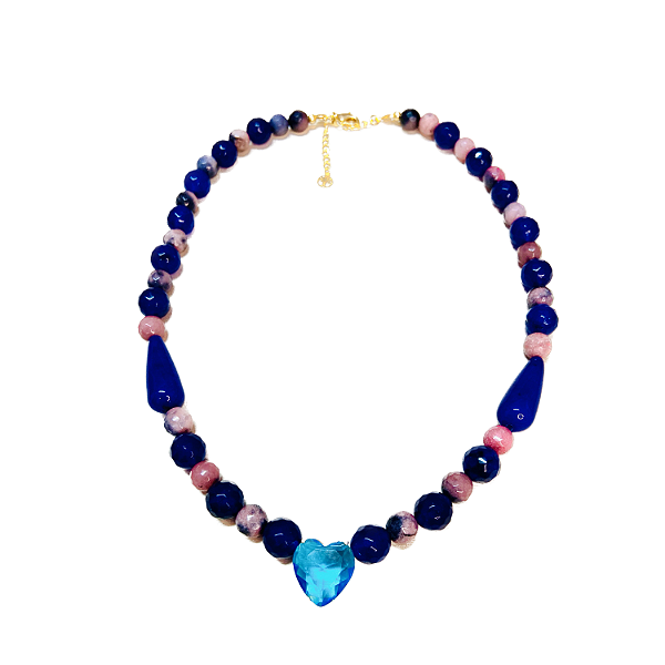 Colar Pedra Natural Jade Azul Royal com Jade Rodocrosita Mesclada