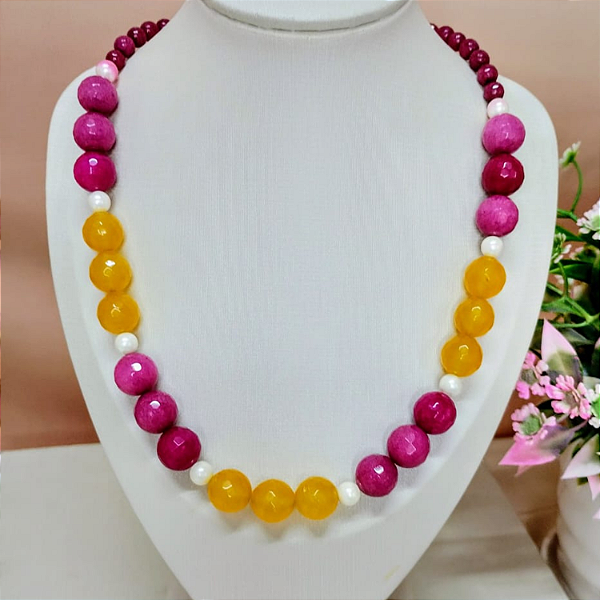 Colar Jade Fucsia - Pérolas e Jade Amarelo Facetado com Folheados à Ouro 8 k