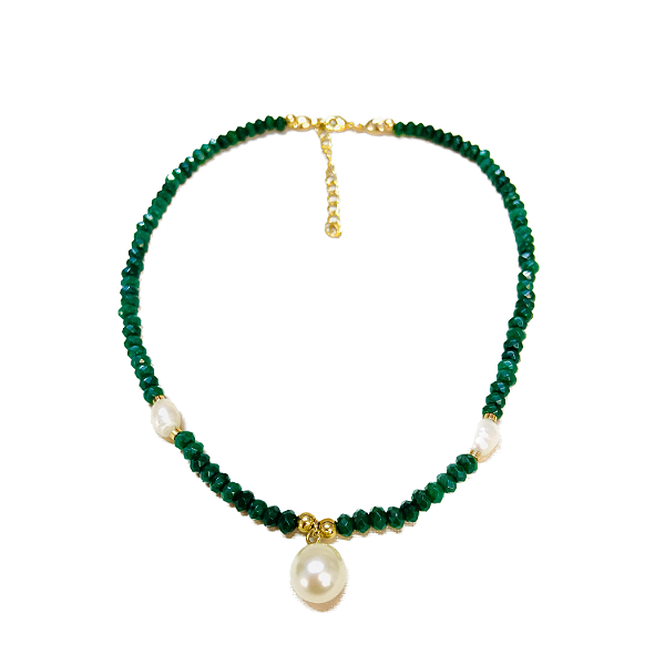 Choker Jade Rondel Verde - Pingente Pérola - Semijoia Folheada 18 k