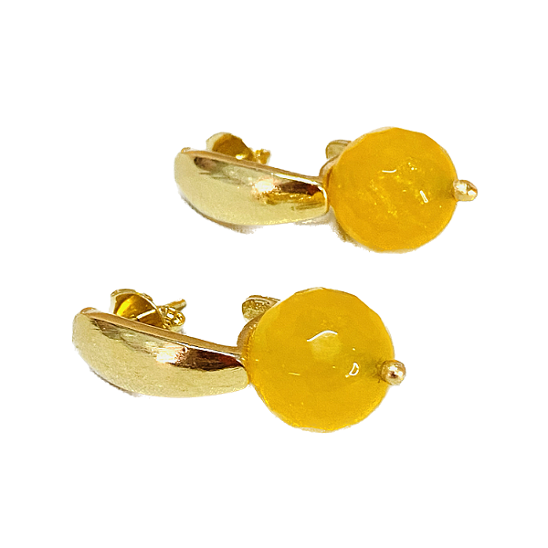 Brinco  Pedra Jade Amarela Facetada  Base Gota Folheada à Ouro 18 K