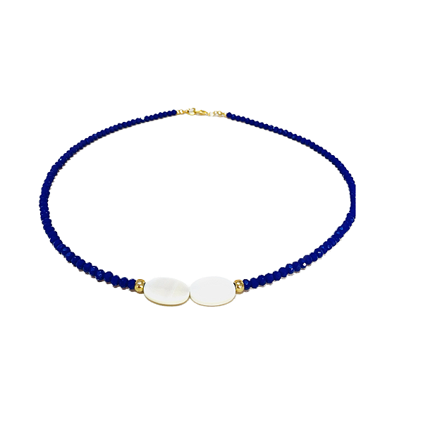 Colar Cristal Verde e Azul Royal - Pingentes Madrepérola com Folheados Ouro 18 k
