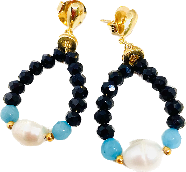 Brinco Gota Cristais Preto com Pérola de Água Doce - Base Folheada Ouro 18 k