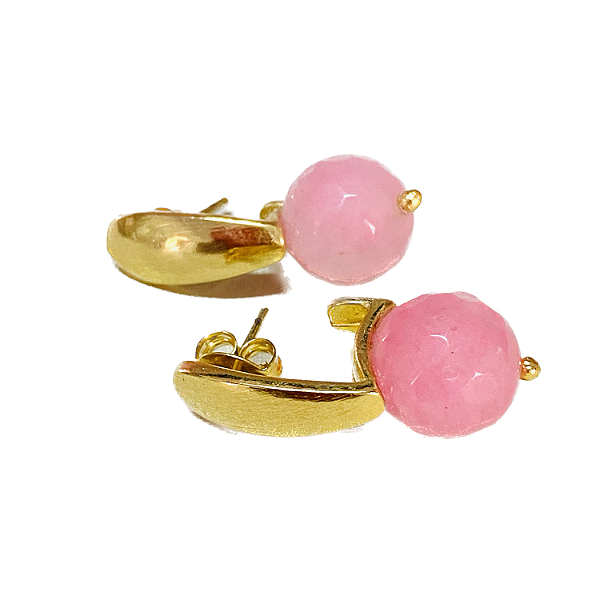 Brinco Jade Rosa Facetada - Base Gota Folheada à Ouro 18 k