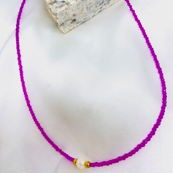 Colar Longo com Cristais Azul Royal e Rosa com Pérolas