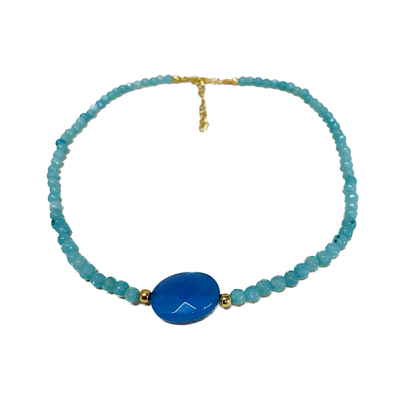 Choker Jade Rondel Turquesa com Pingente Pedra Jade Oval Facetada