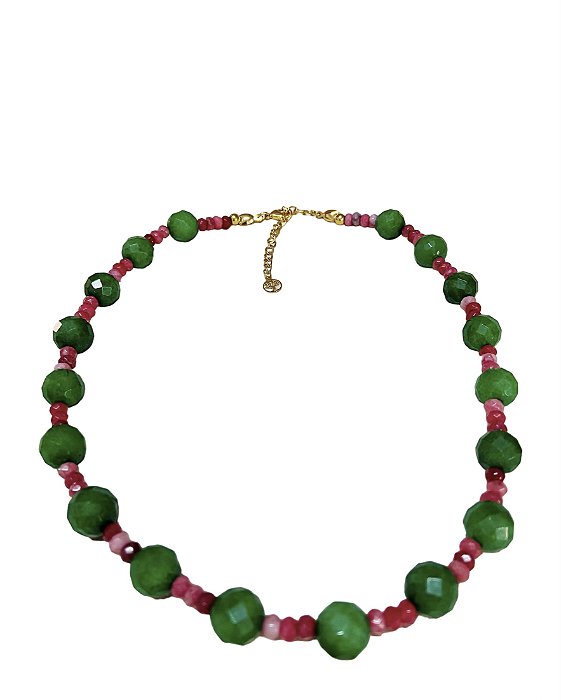 Colar Jade Verde Esmeralda com Jade Rondel Rosa -Folheado à Ouro 18 k