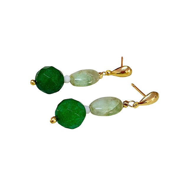 Brinco Jade Verde Esmeralda - Base Gota Folheada à Ouro 18 k