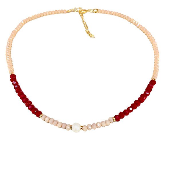 Choker Cristais Vermelhos e Bege com Pingente Pérola Shell