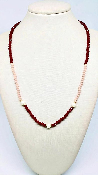 Colar Longo com Cristais Vermelho e Bege - Pingente Pérola Shell