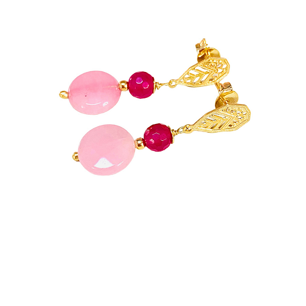 Brinco   Pingente Jade Facetada Pink e Rosa - Base Folheada à Ouro 18 k