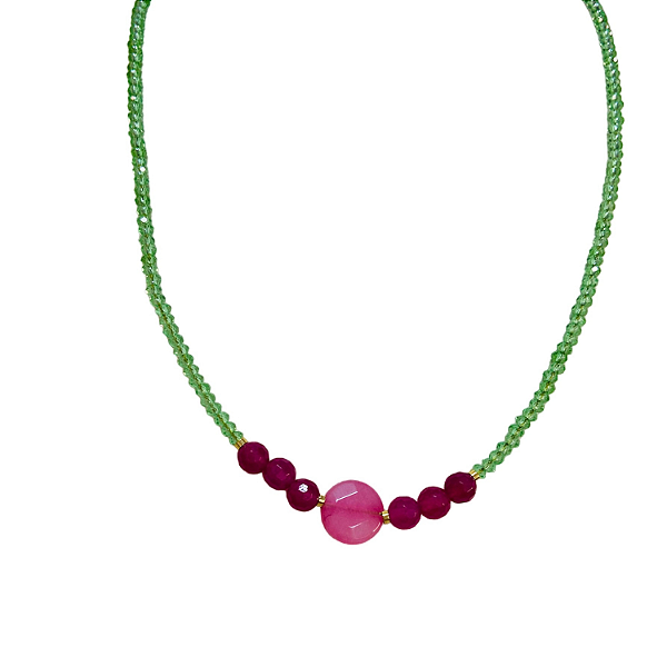 Colar Cristais Verdes com Jade Pink e Rosa