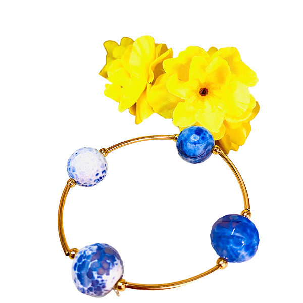 Pulseira Jade Craquelada Azul com tubos folheados à Ouro