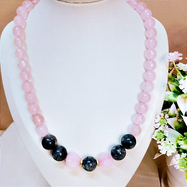 Colar Quartzo Rosa com Pedra Labradorita
