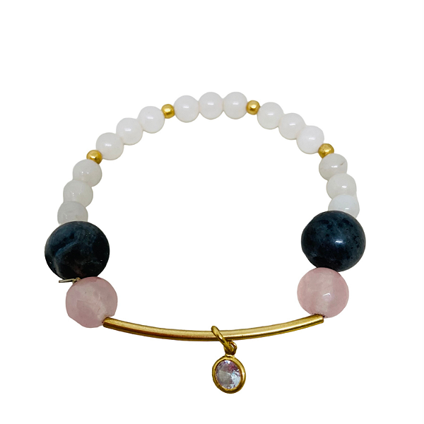 Pulseira Quartzo Rosa com Pedra Labradorita  e Pingente Ponto de Luz