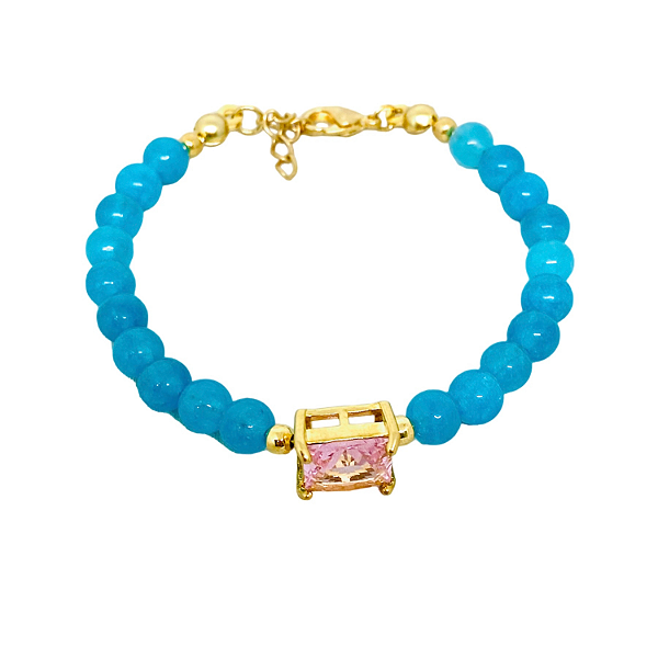 Pulseira Jade Amazonita Azul com Pingente Zircônia Rosa