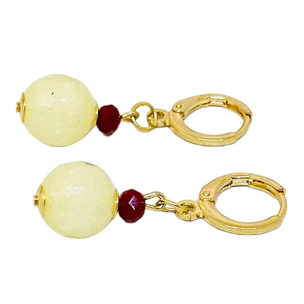 Brinco Jade Amarela Natural Facetada - Base Argola Tipo Click - Folheada à Ouro 18 k