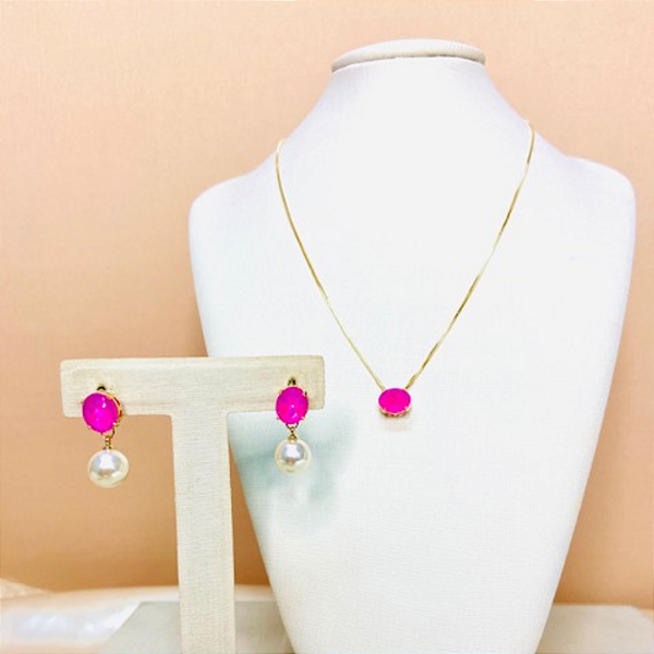 Conjunto Colar e Brinco Folheado com Pingente Zircônia Pink e  Pérola