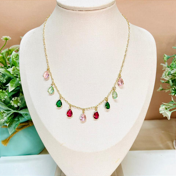 Colar com Gotas Coloridas em Cristais – Folheado a Ouro 18k