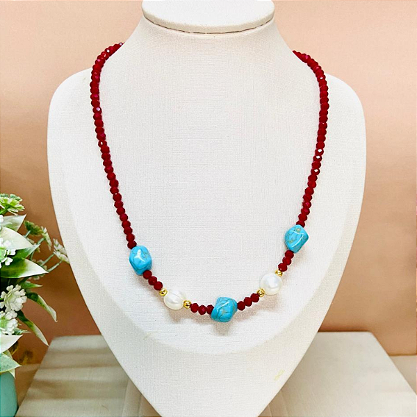 Colar Cristal Vermelho com Pérola Barroca e Pedra Turqueza