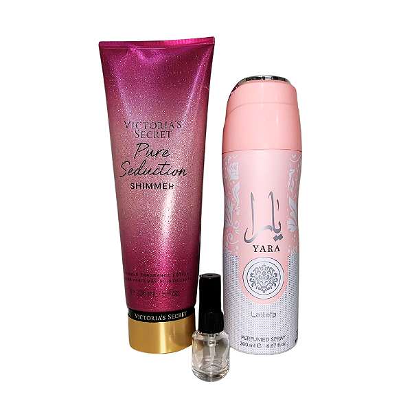 Combo Carnaval (Hidratante Victoria's Secret com brilho + Perfume em Aerosol Árabe + Decant perfume 5ml - Chants Tenderina)